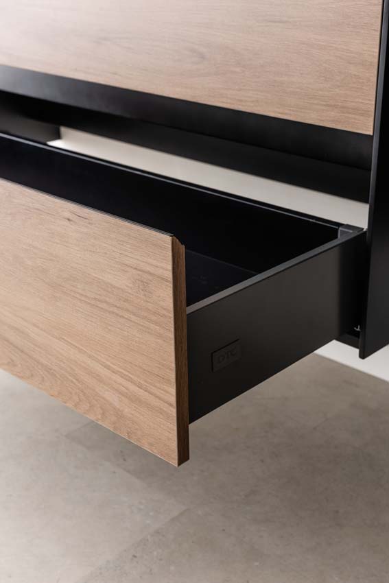 Meuble de salle de bains Molly chêne suspendu avec lavabo double noir mat 120cm