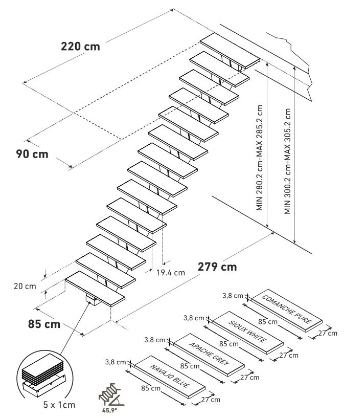 Escalier chêne Lanz droit fini avec huile comanche gris