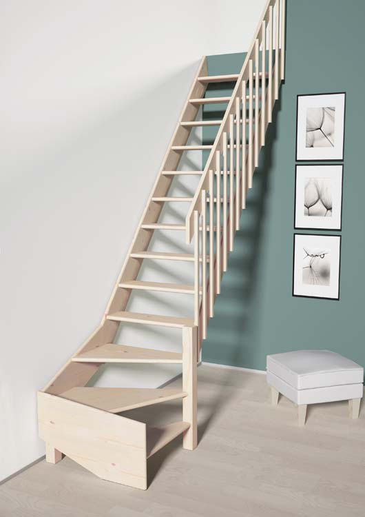 Escalier de meunier Bonn Medium en pin avec quart tournant en bas à droite 340x70cm
