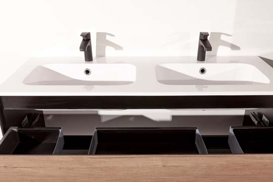 Meuble de salle de bains Molly aspect bois suspendu avec lavabo double blanc brillant 120cm