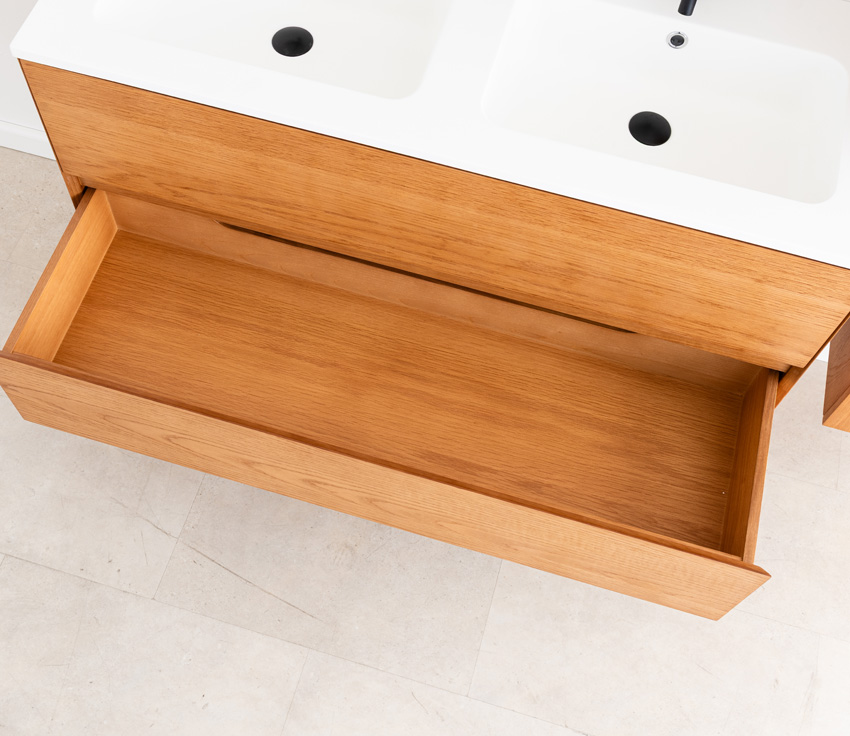 Badkamermeubel Fior eik hangend met dubbele wastafel mat wit 120cm