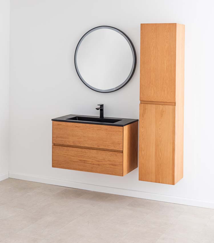 Badkamermeubel Fior eik hangend met enkele wastafel mat zwart 90cm