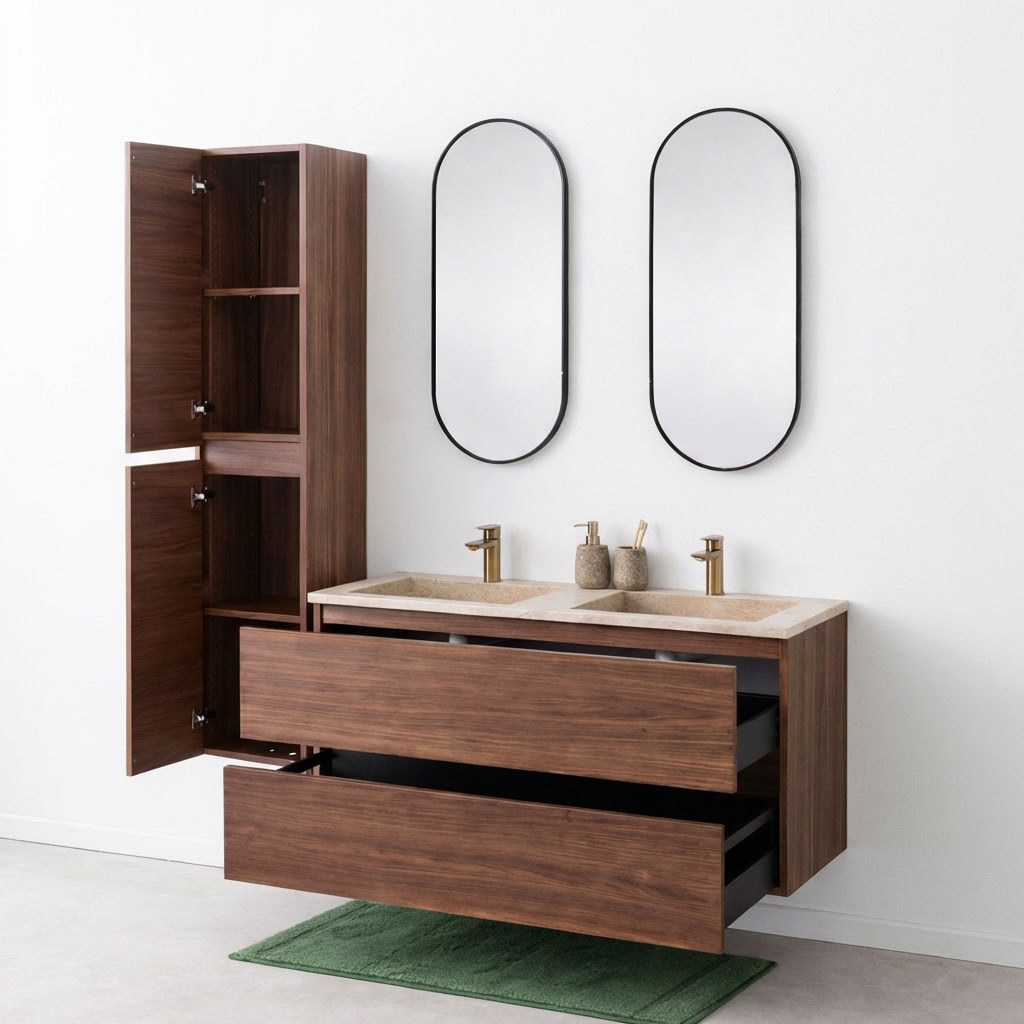 Meuble de salle de bain Dotan noyer avec lavabo double en aspect travertin 120cm