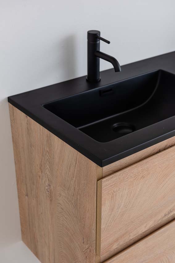 Meuble de salle de bain Tibo en chêne méditerranéen avec double lavabo noir mat 120cm