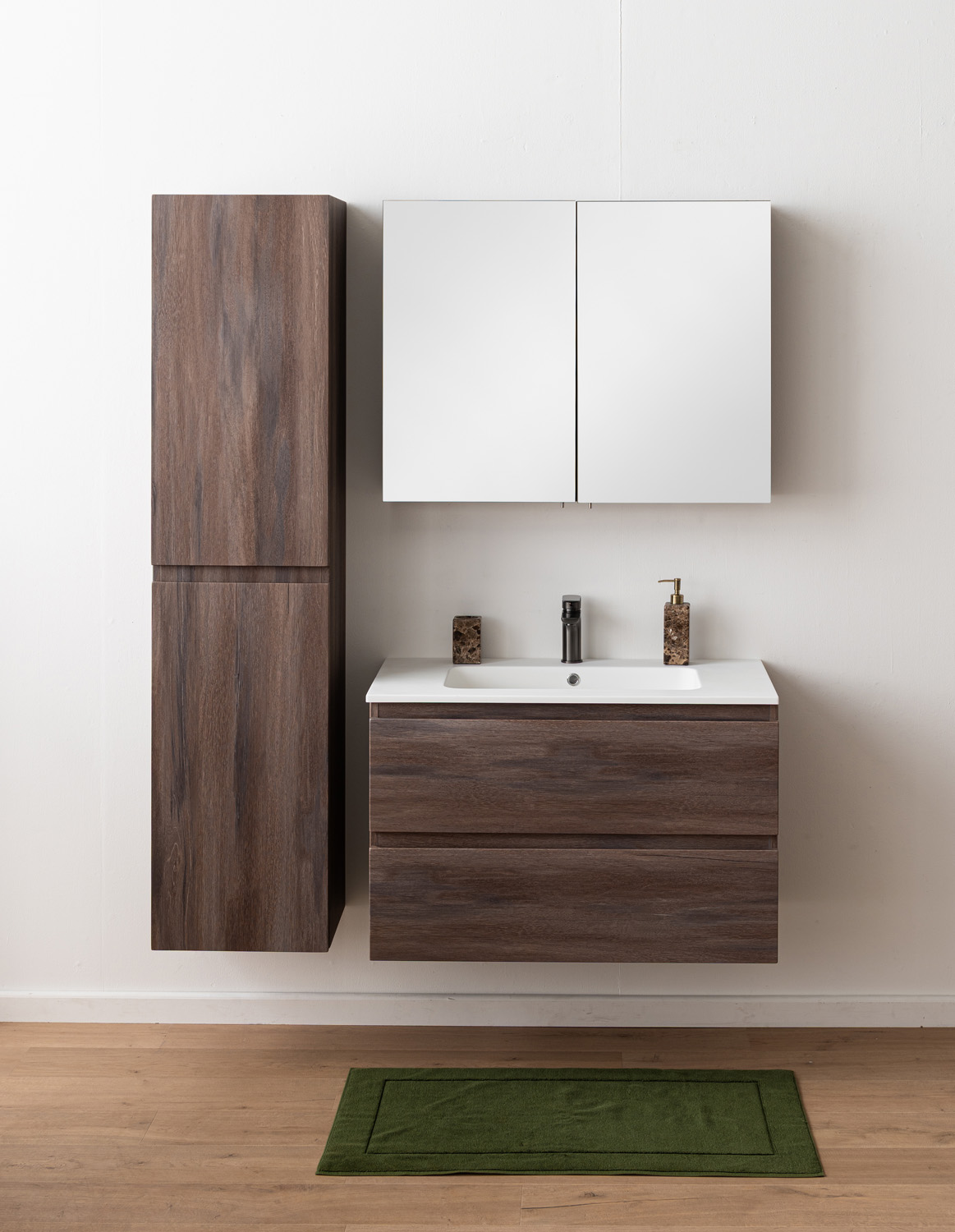 Badkamermeubel Tarik amber eik hangend met enkele wastafel mat wit 90cm