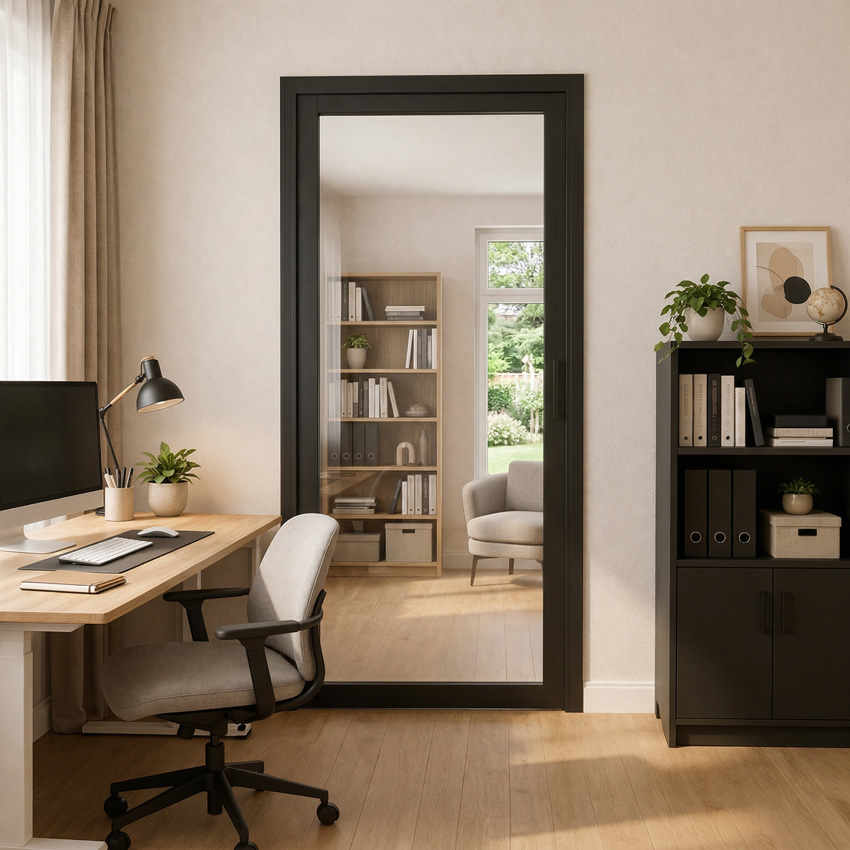 Bloc-porte steel look bois noir 1R L201,5xl63cm verre clair réversible