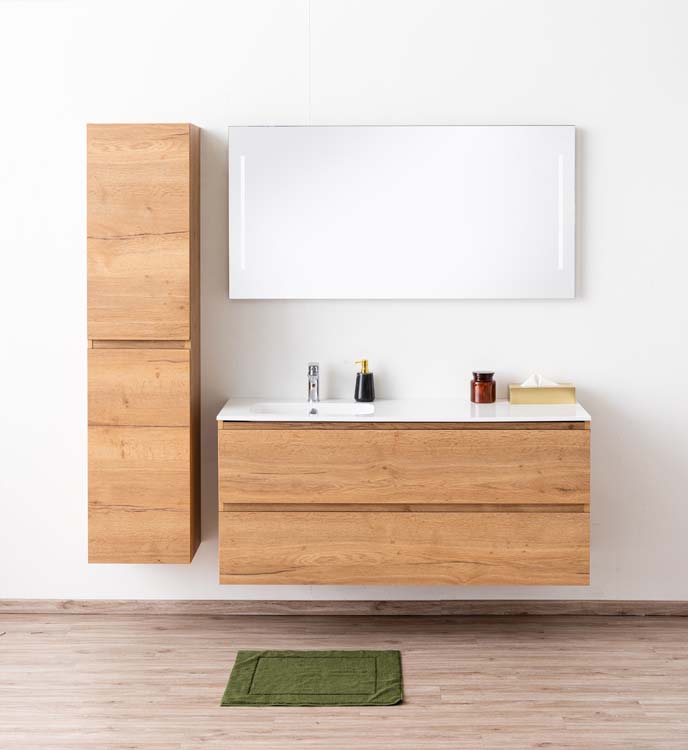 Meuble de salle de bains Daria chêne brun doré suspendu avec lavabo simple à gauche blanc brillant 140cm