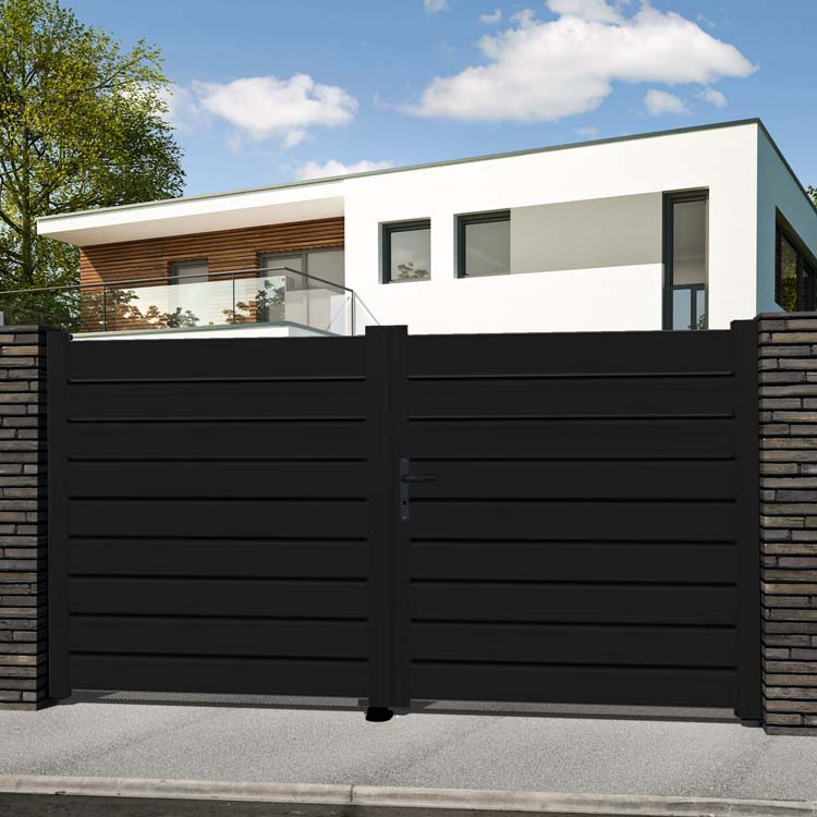 Dubbele draaipoort Havana aluminium zwart 300x175cm - met horizontale lamellen, inclusief beslag