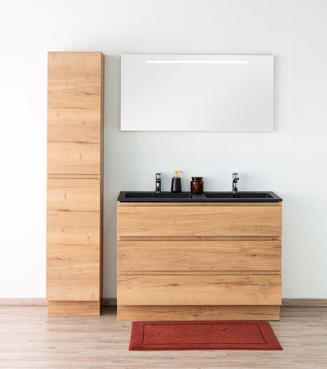 Meuble de salle de bains Daria chêne brun doré sur pied avec lavabo double noir mat 120cm