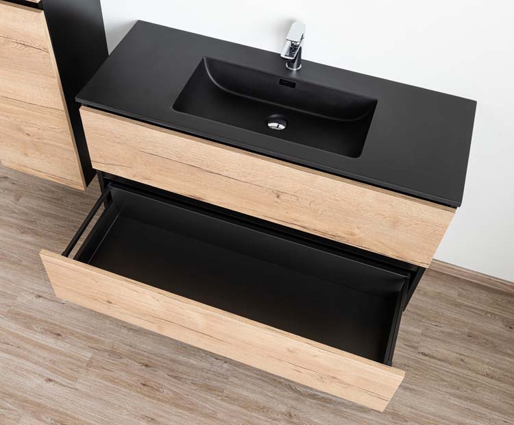 Badkamermeubel Dotan eik hangend met enkele wastafel mat zwart 120cm