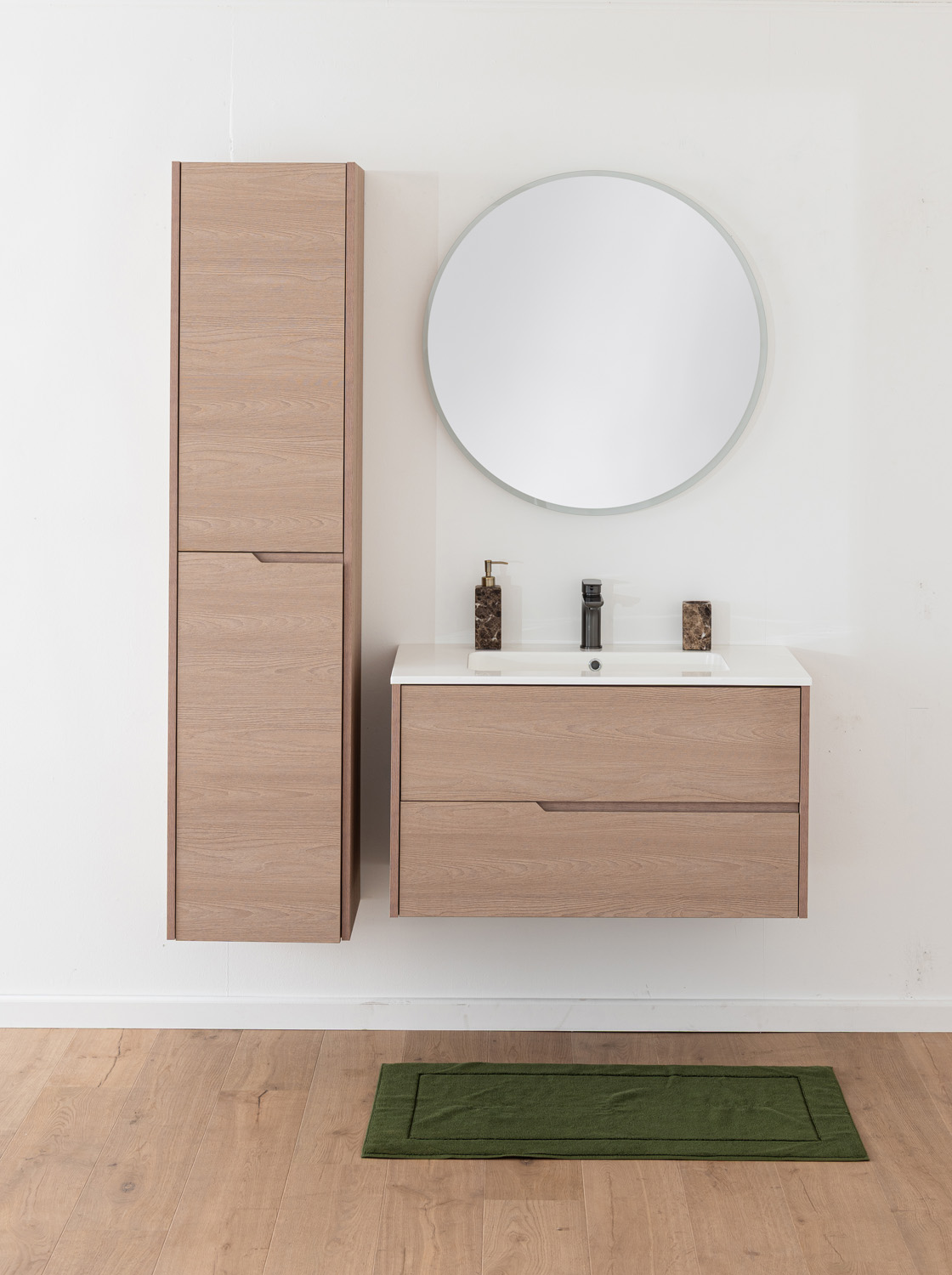 Meuble de salle de bains Tiago chêne Nordic suspendu avec vasque simple blanc mat 90cm