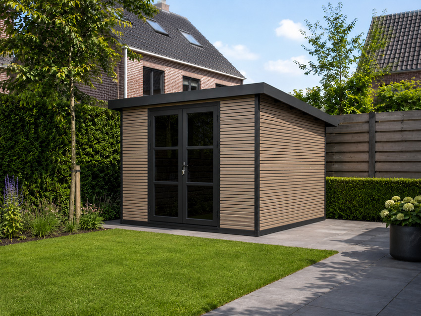Abri de jardin Yasmine en bois composite stone grey/sandstone 290x290cm double porte