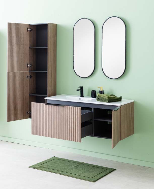Meuble de salle de bains Nolan noyer suspendu avec lavabo simple à gauche blanc brillant 120cm