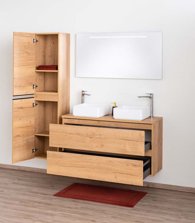 Meuble de salle de bain Daria chêne brun doré 1200 mm tablette en saillie melamine