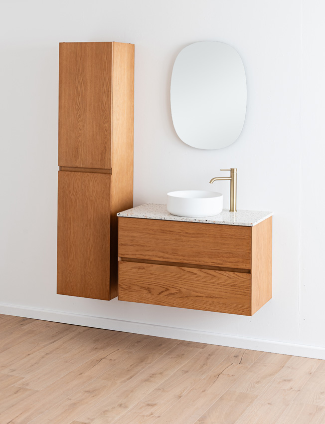 Badkamermeubel Fior eik hangend met enkel topblad terrazzo 90cm