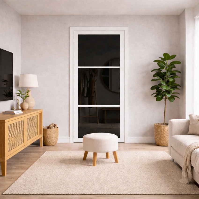 Bloc-porte steel look bois blanc 3R L201,5xl73cm verre gris fumé réversible