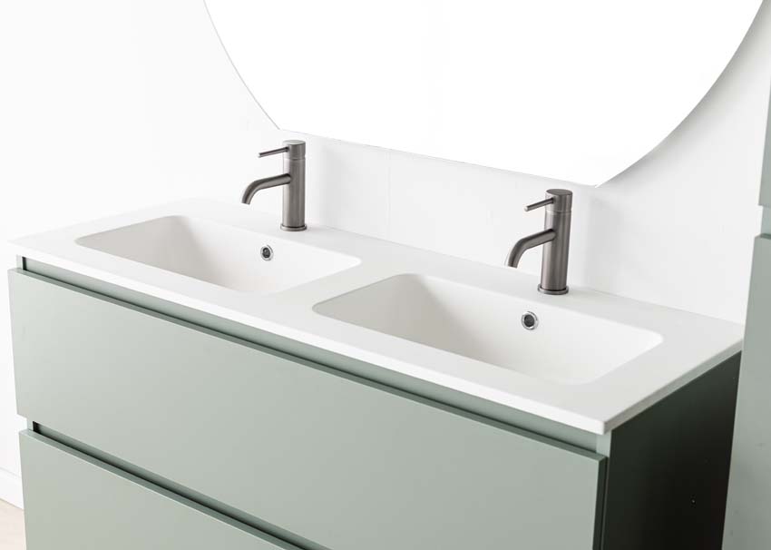 Meuble de salle de bain Dotan eucalyptus vert avec double lavabo blanc mat 120cm