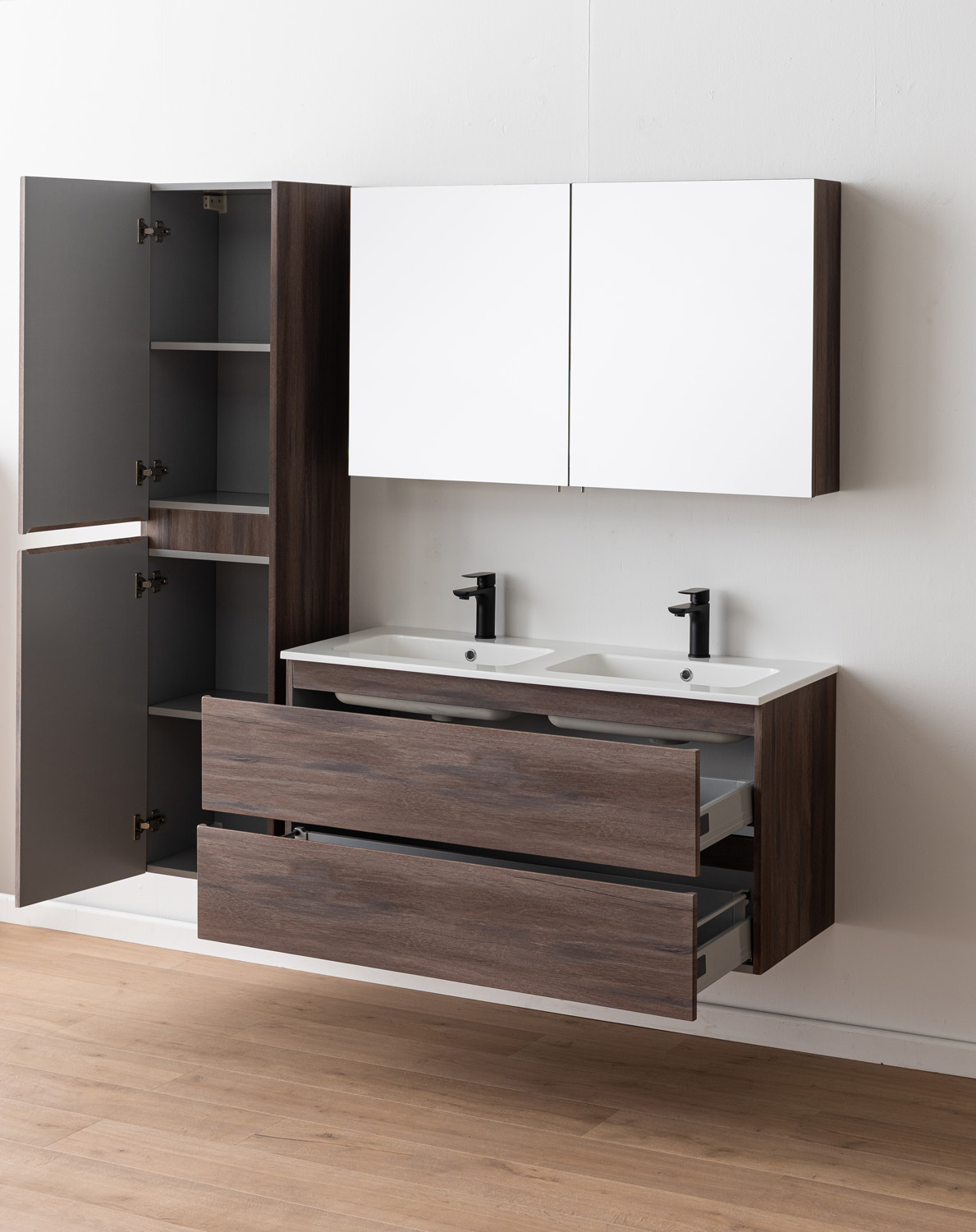 Meuble de salle de bains Tarik chêne ambré suspendu avec double vasque blanc brillant 120cm