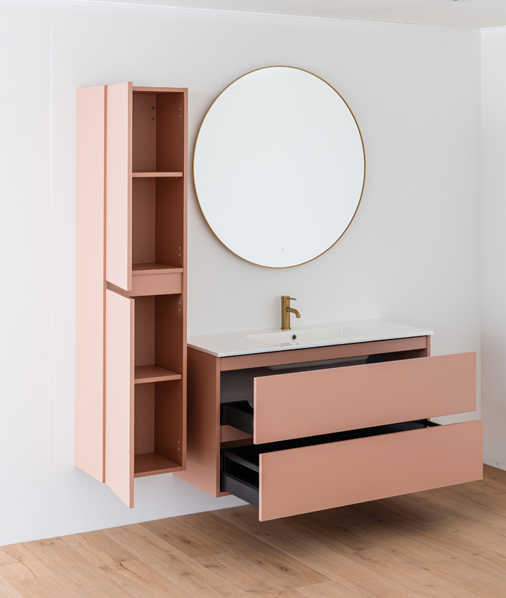 Badkamermeubel Dotan abrikoos hangend met enkele wastafel glanzend wit 120cm