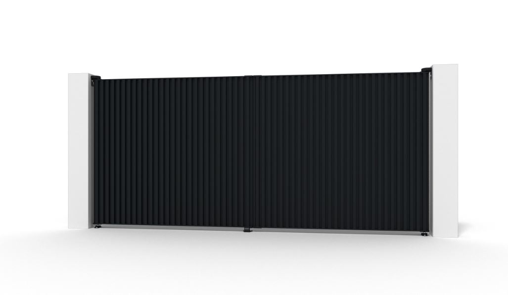 Dubbele draaipoort Line Up aluminium zwart 350x175cm - gesloten met verticale lamellen, inclusief beslag