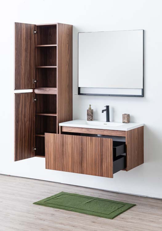 Meuble de salle de bains Warren noyer suspendu avec lavabo simple blanc mat 90cm