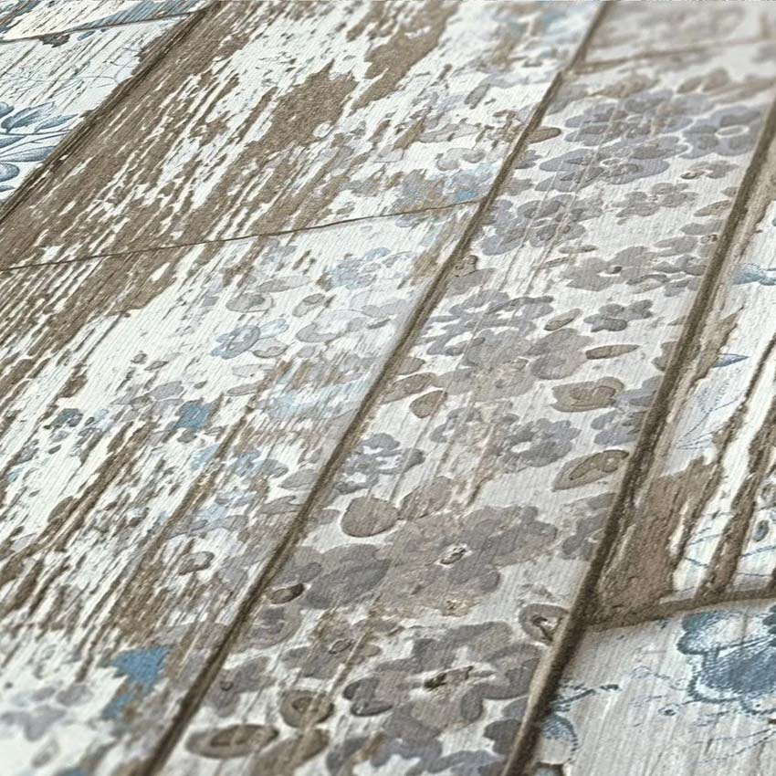 Vinyl op vliesbehang planken + bloemen blauw 0,53x10m