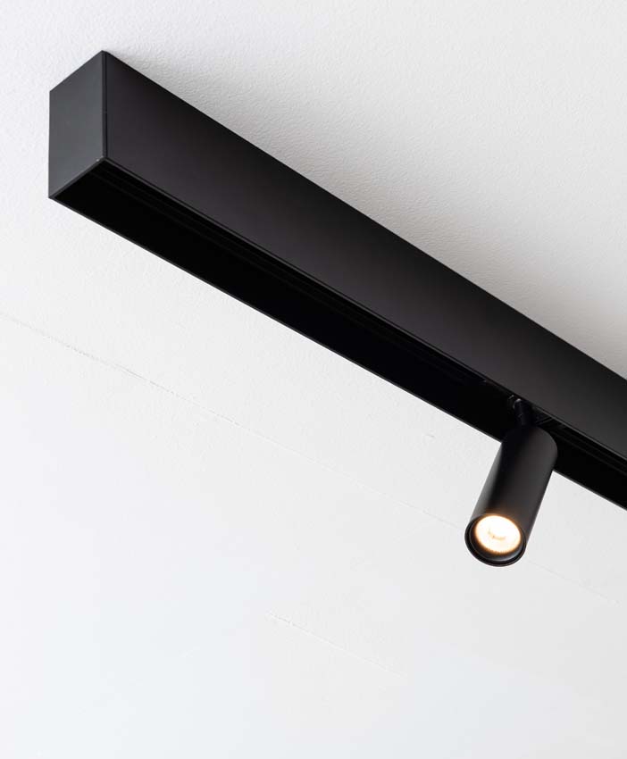 Rail lumineux Béa noir - 1,8m/2x1,2m - 3 lustres / 2 spots / 2 anneaux / 1 module - 6x4W Rail lumineux Béa noir - 1,8m/2x1,2m - 3 lustres / 2 spots / 2 anneaux / 1 module - 6x4W