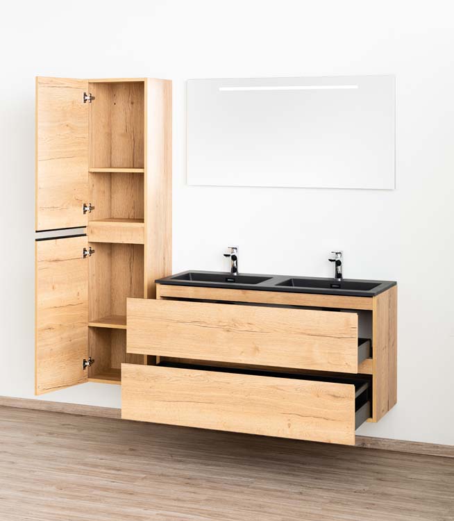 Meuble salle d bain Daria chêne brun doré 120cm lavabo noir mat double