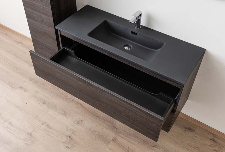 Meuble de salle de bains Dotan chêne foncé suspendu avec lavabo simple noir mat 120cm