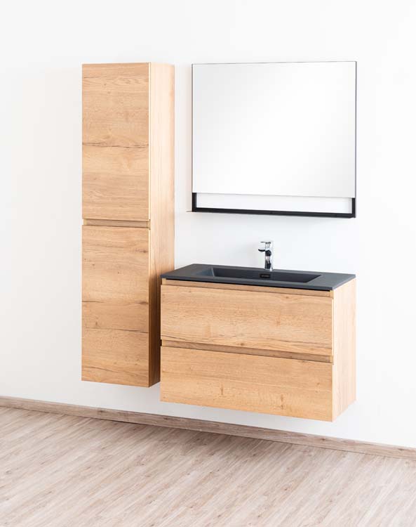 Badkamermeubel Daria eik goudbruin hangend met enkele wastafel mat zwart 90cm