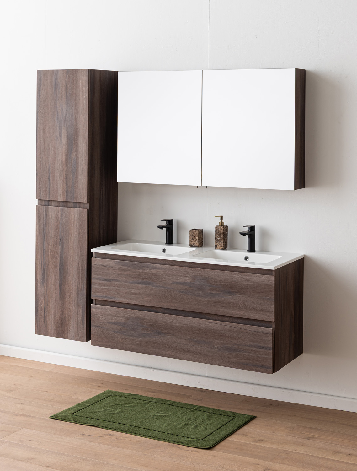 Meuble de salle de bains Tarik chêne ambré suspendu avec double vasque blanc brillant 120cm