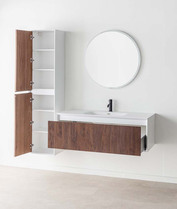 Meuble de salle de bains Falk noyer suspendu avec lavabo simple blanc mat 120cm Meuble de salle de bains Falk noyer suspendu avec lavabo simple blanc mat 120cm