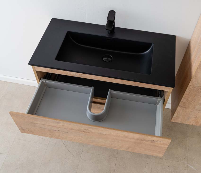 Meuble de salle de bain Tibo en chêne méditerranéen avec lavabo simple blanc noir 90cm