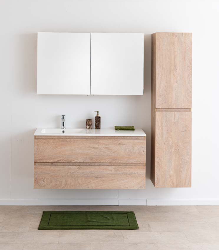 Meuble de salle de bain Tibo en chêne méditerranéen avec lavabo simple blanc mat 120cm