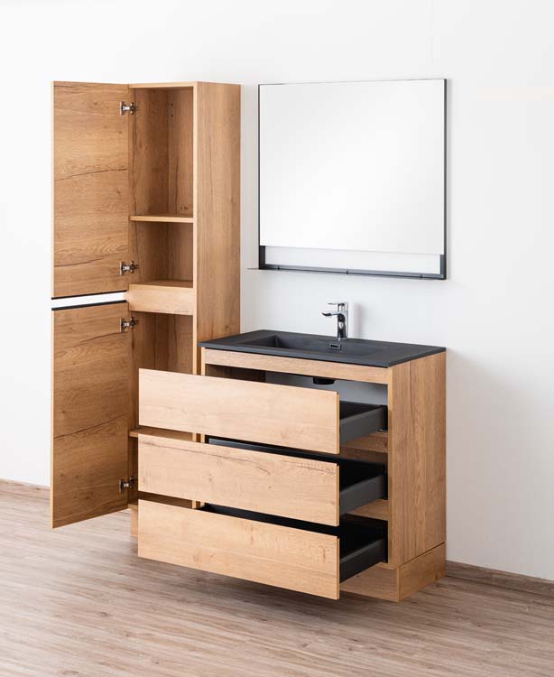 Meuble de salle de bain Daria chêne brun doré 900 mm sur pied lavabo noir mat Meuble de salle de bain Daria chêne brun doré 900 mm sur pied lavabo noir mat