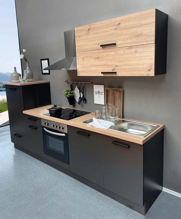 Cuisine Freyr graphite/aspect bois 280cm - avec appareils - plaque de cuisson vitrocéramique et hotte murale en inox