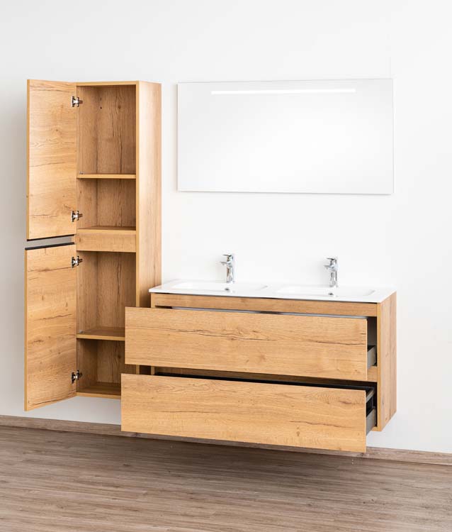 Meuble de salle de bains Daria chêne brun doré suspendu avec lavabo double blanc brillant 120cm