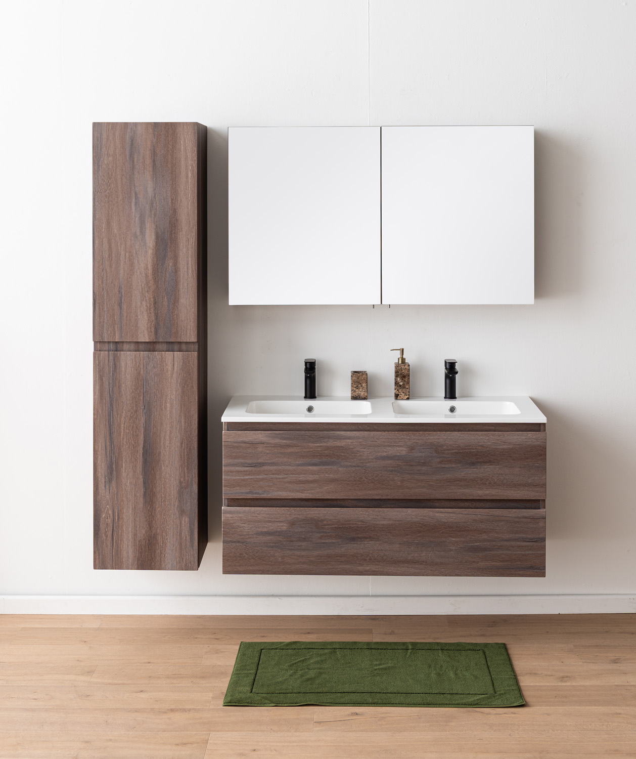 Meuble de salle de bains Tarik chêne ambré suspendu avec double vasque blanc brillant 120cm