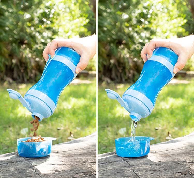 Bouteille avec distributeur d'eau et d'aliments pour animaux 2 en 1