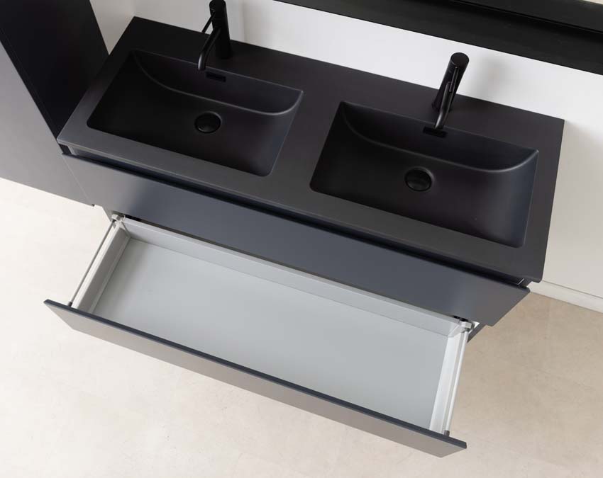 Meuble de salle de bain Tibo gris 1200 mm lavabo double noir mat
