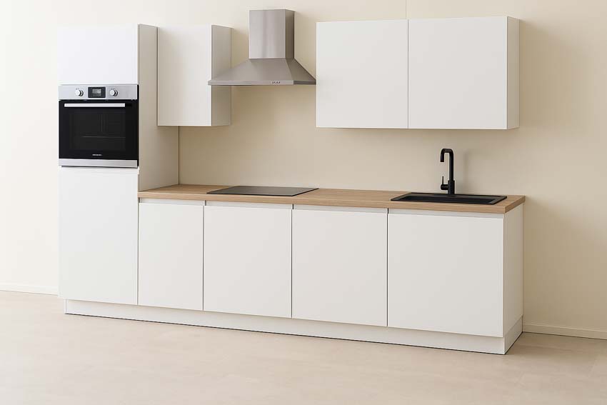 Cuisine Plenti 280 cm - four en haut - sans appareils - blanc/look de chêne