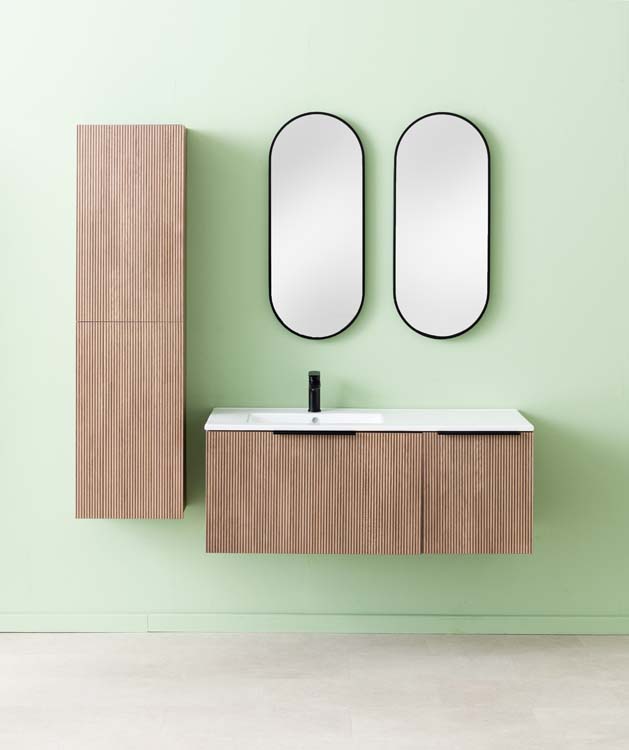 Meuble de salle de bains Nolan noyer suspendu avec lavabo simple à gauche blanc brillant 120cm