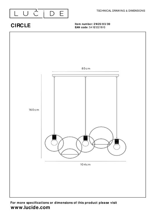 Lucide CIRCLE - Hanglamp - 3xE27 - Zwart