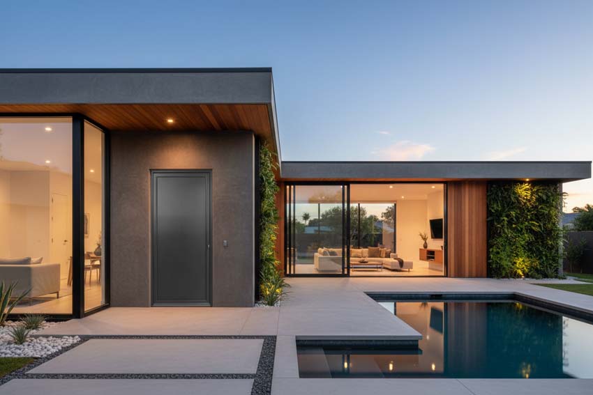 Porte extérieure Tavira en aluminium panneau plat noir sur mesure poussant à gauche