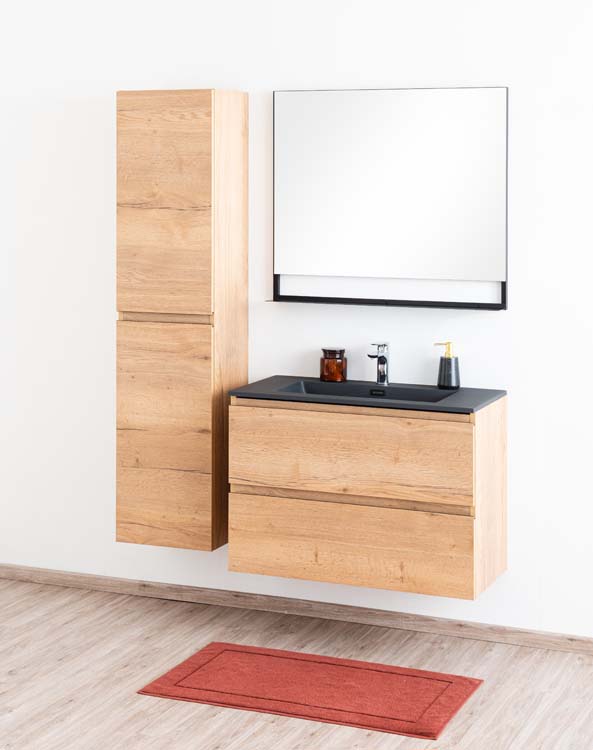 Badkamermeubel Daria eik goudbruin hangend met enkele wastafel mat zwart 90cm