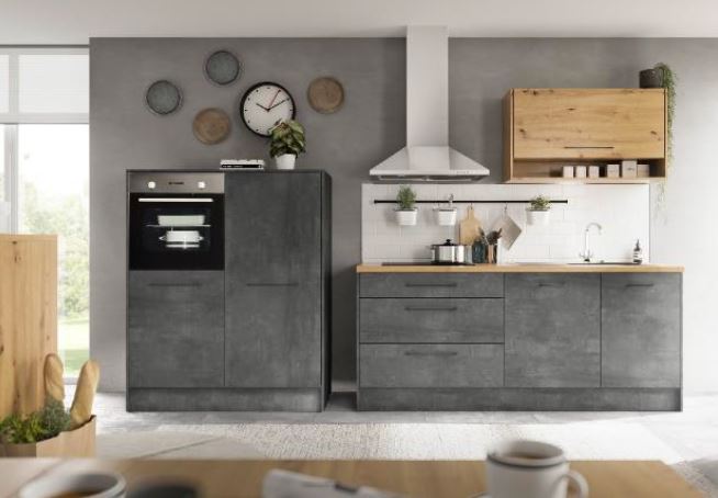 Keuken Montreal betonlook 326cm - vitrokeramische kookplaat en inox wanddampkap - zonder toestellen