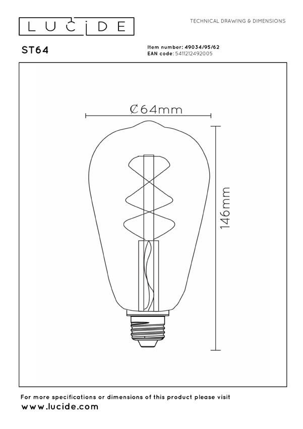 Lucide T32 - Ampoule filament - Ø3cm - LED 3 niveaux dimmable (Mémoire) - E27 - 1x4,9W 2200K - Ambré