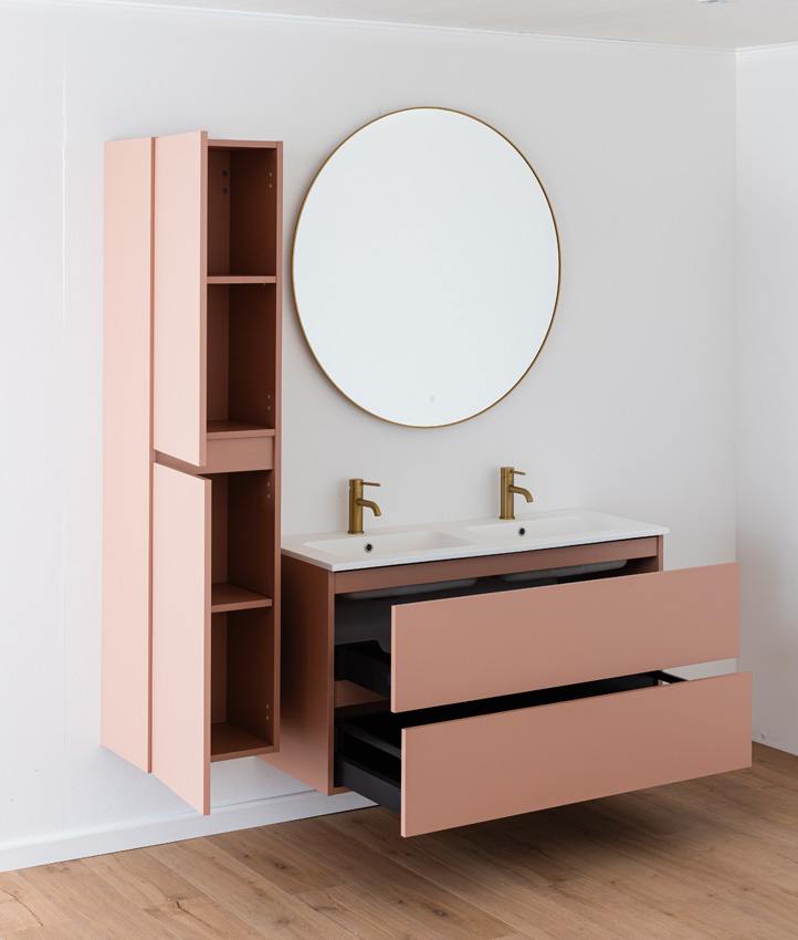 Meuble de salle de bains Dotan abricot suspendu avec double lavabo blanc mat 120cm