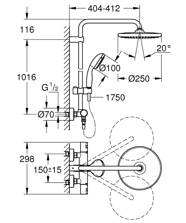 Doucheset thermostatisch Grohe Vitalio 25 cm mat zwart
