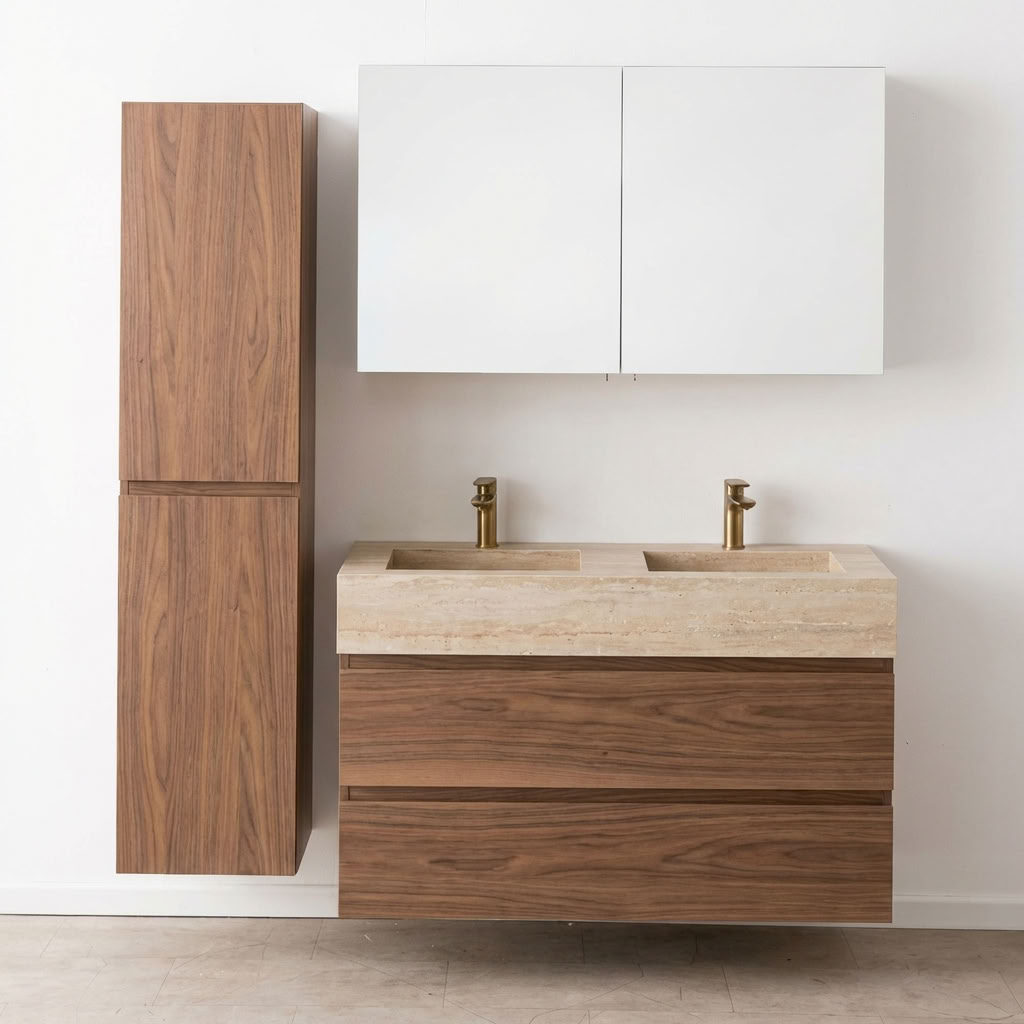 Meuble de salle de bain Dotan noyer avec lavabo double large en aspect travertin 120cm
